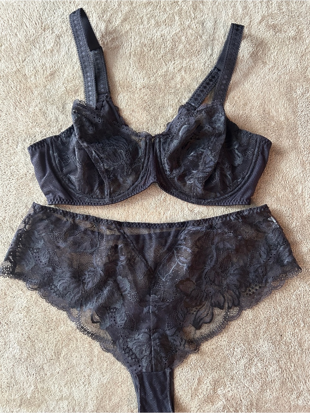 Simone Perele Dark Grey Lace Underwire Bra & Brief Set - Women Intimates